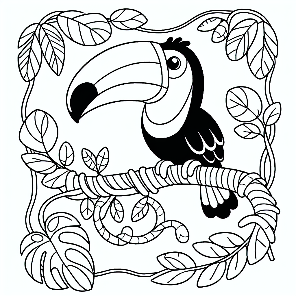 Black and white coloring page template of a Toucan perched on a jungle vine
