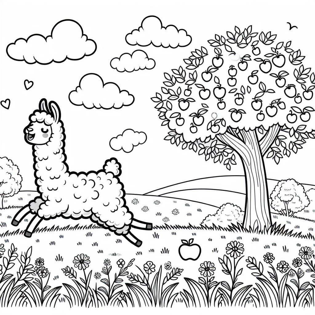 Black and white coloring page featuring a joyful llama in a tranquil meadow with an apple tree