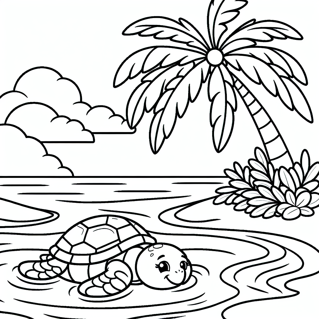 Ink drawing of a turtle on a beach for coloring
