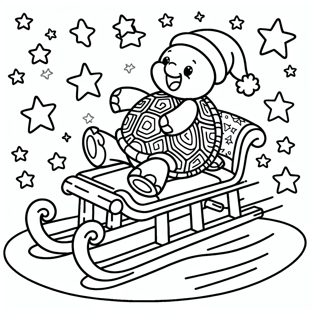 Black and white Turtle Christmas sleigh starry night coloring page template