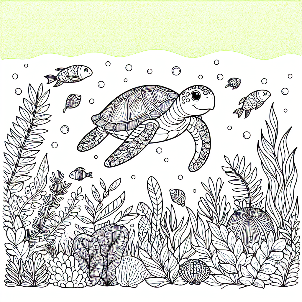 Dive Deep with Our Fun Turtle Coloring Page! 1 Turtle Underwater Plants Coloring Page