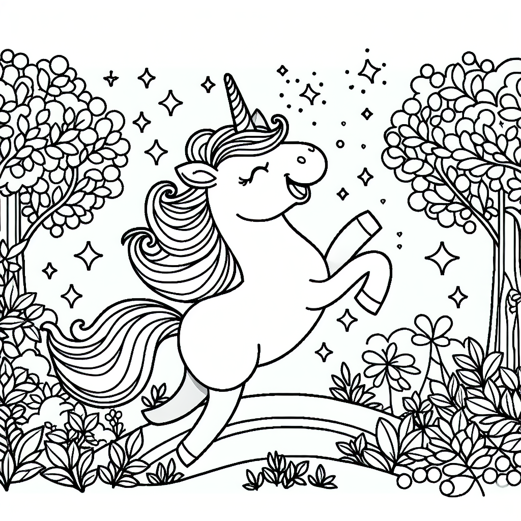 A unicorn prancing through a magical forest coloring page