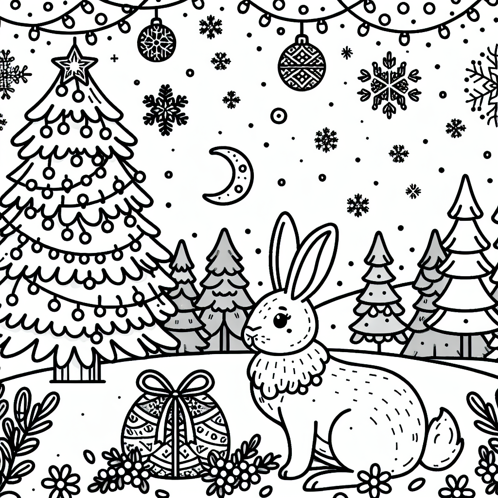 Rabbit 2 Black and white coloring page of a rabbit surrounded by snowflakes and Christmas fir trees