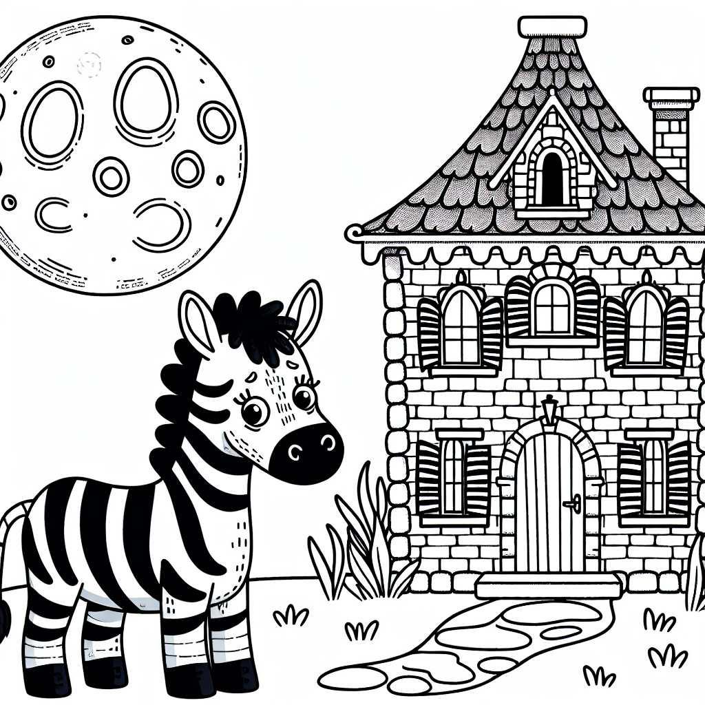 Black and white outline of a zebra standing next to a haunted house under a full moon