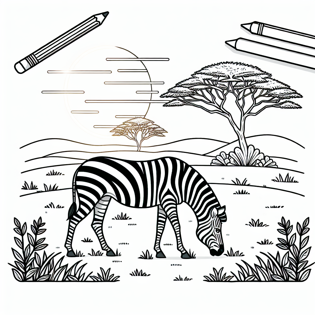 Zebra grazing in a black and white Savanna coloring page