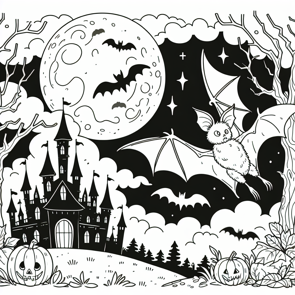 Bat flying past a haunted castle under a full moon coloring page template