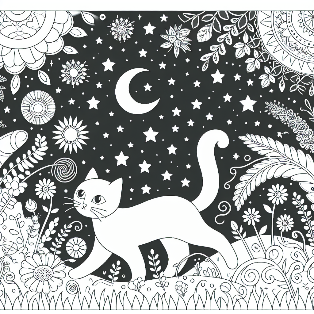 Black and white line art of a playful cat in an enchanting garden for coloring