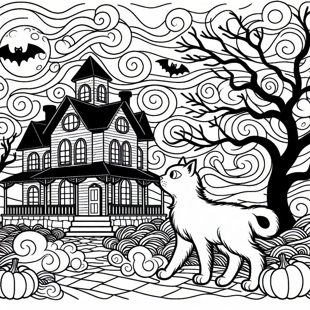 Black and white coloring page template of a cat in a haunted house during Halloween