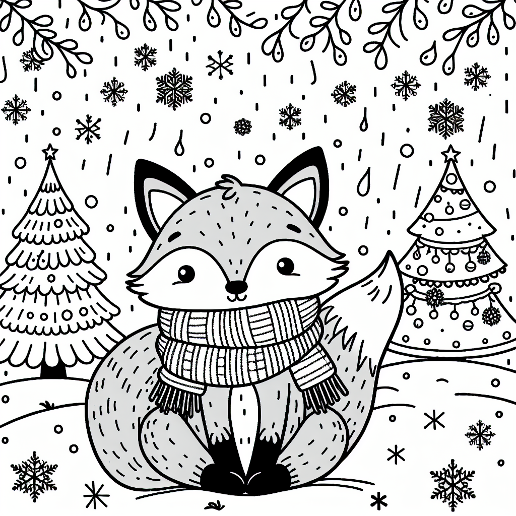 Child's coloring page featuring a winter-themed fox surrounded by Christmas trees