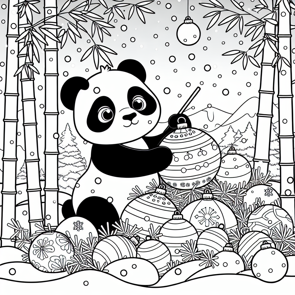 Black and white coloring page of panda in a Christmas theme setting
