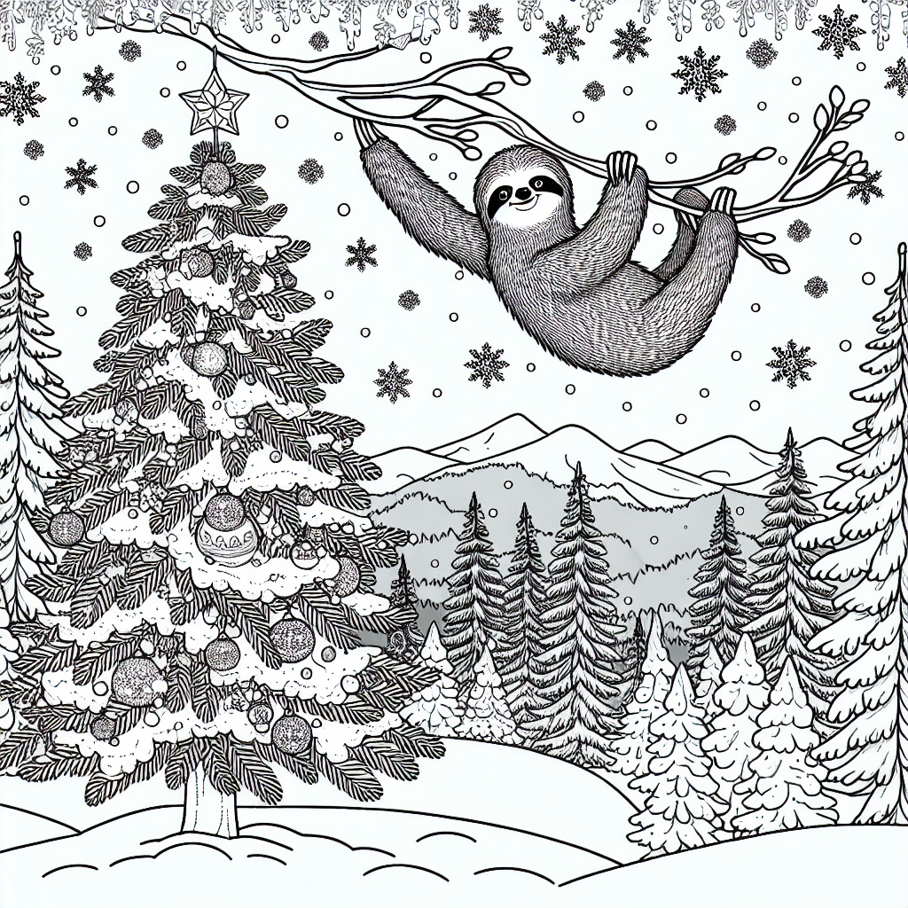 Snake 2 Black and white coloring page featuring an adorable sloth hanging from a Christmas tree surrounded by winter scenery