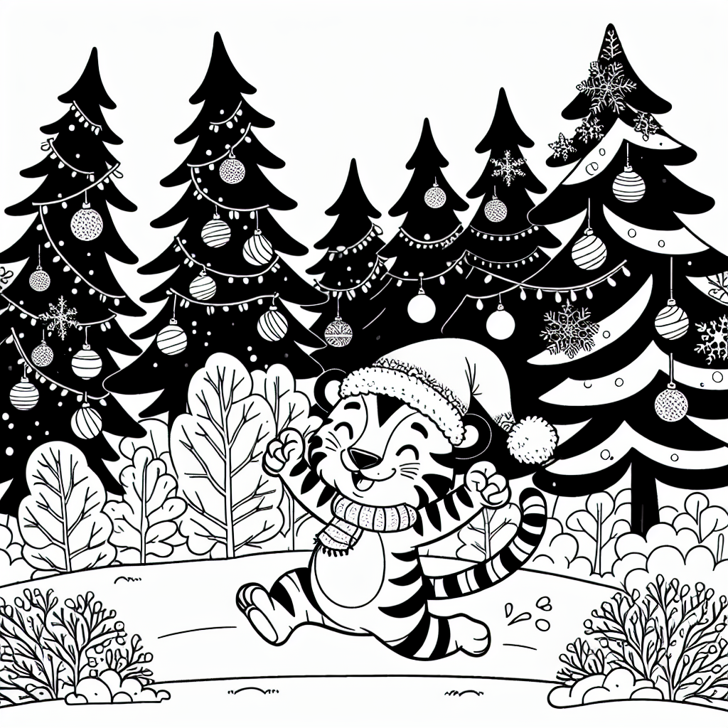 Tiger prancing happily in a winter forest setting laden with decorations, appealing for coloring