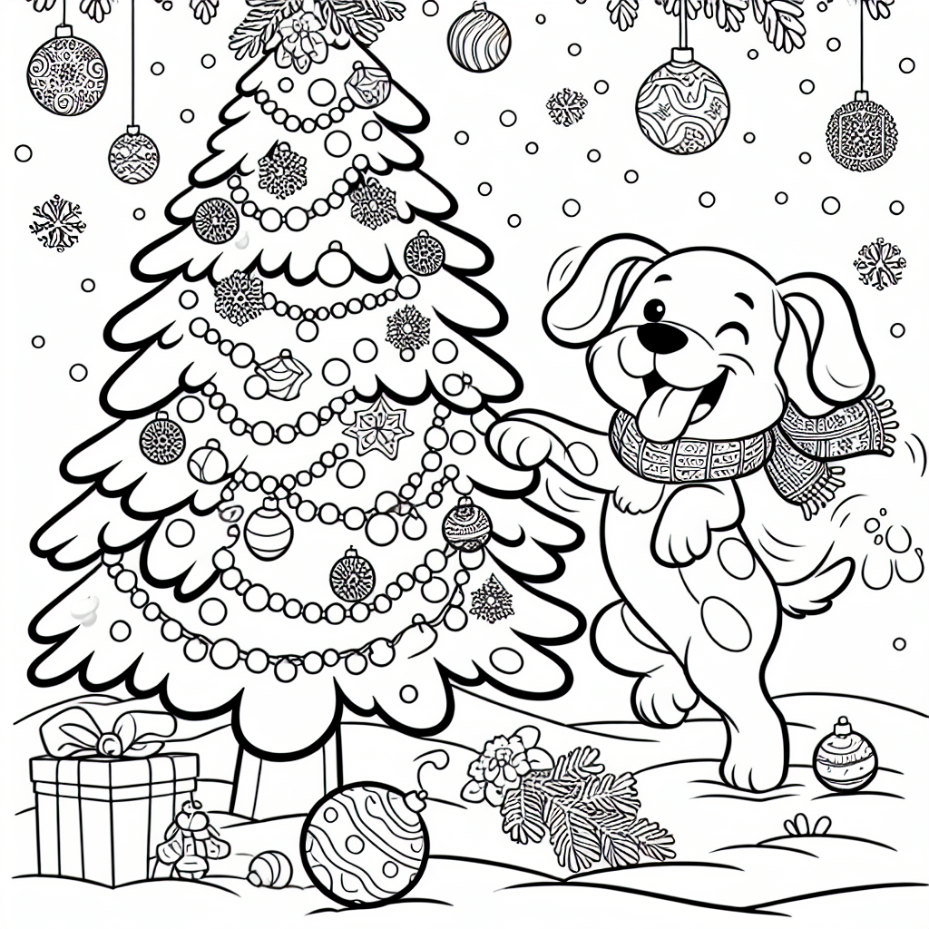 Dog in winter scene with Christmas tree coloring page.