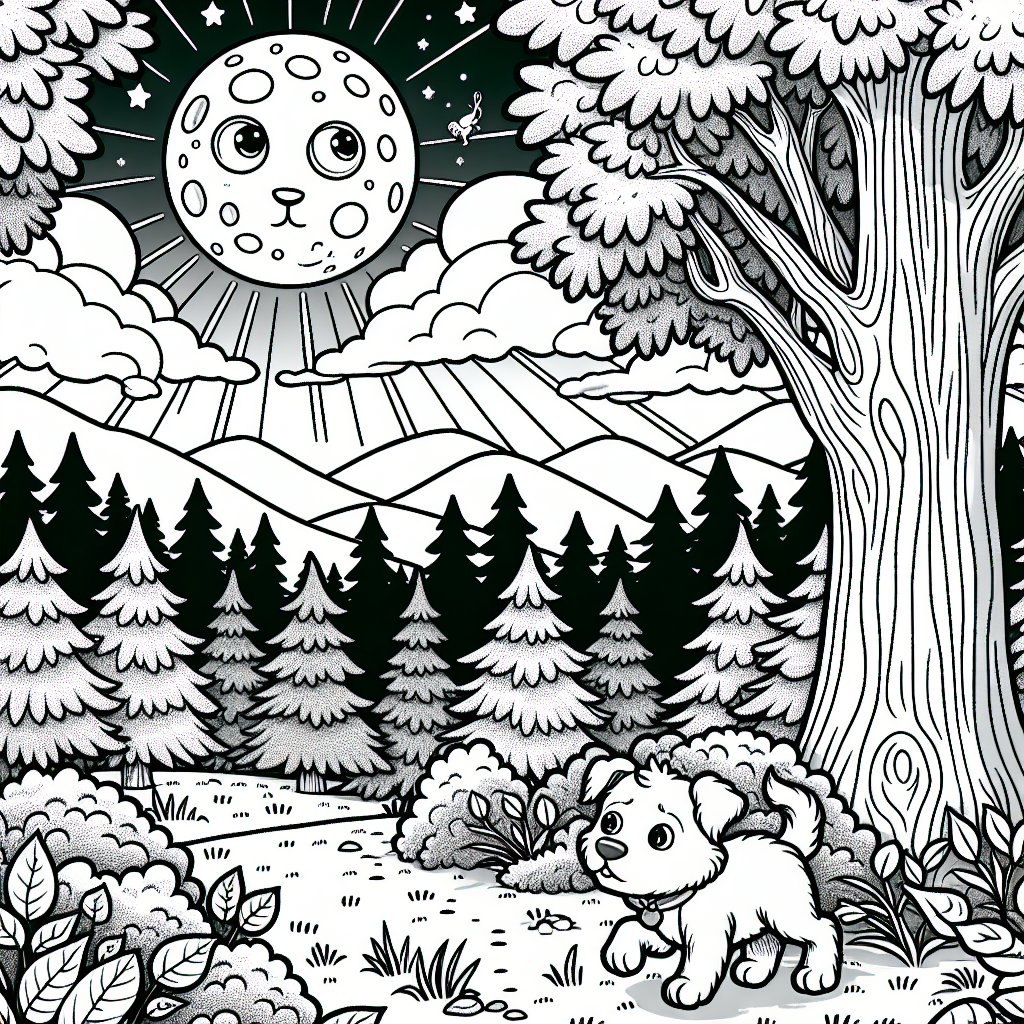Dog exploring a forest under a full moon coloring page