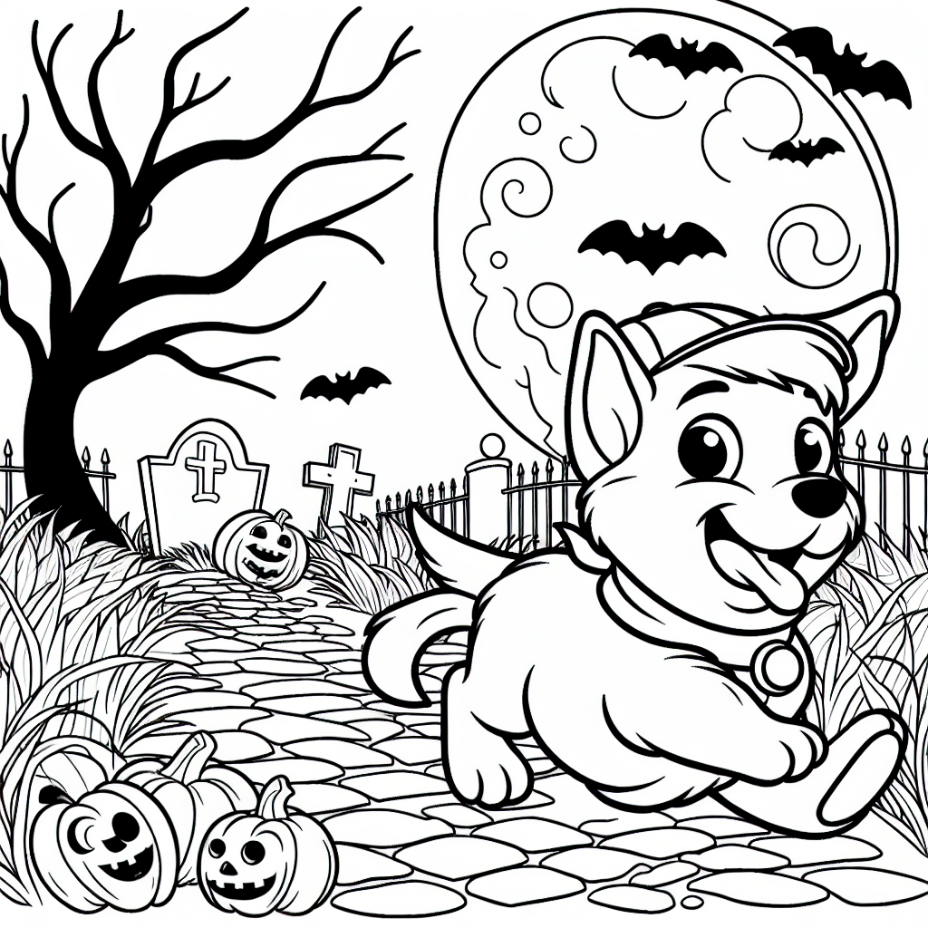 Dog wandering in a spooky graveyard at Halloween for a coloring page
