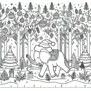 Elephant walking through a snowy Christmas decorated forest coloring page
