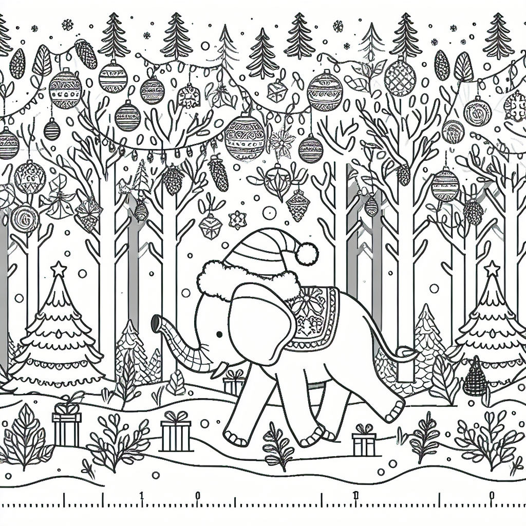 Christmas Elephant Adventure in a Winter Forest Coloring Page 1 elephant christmas winter forest