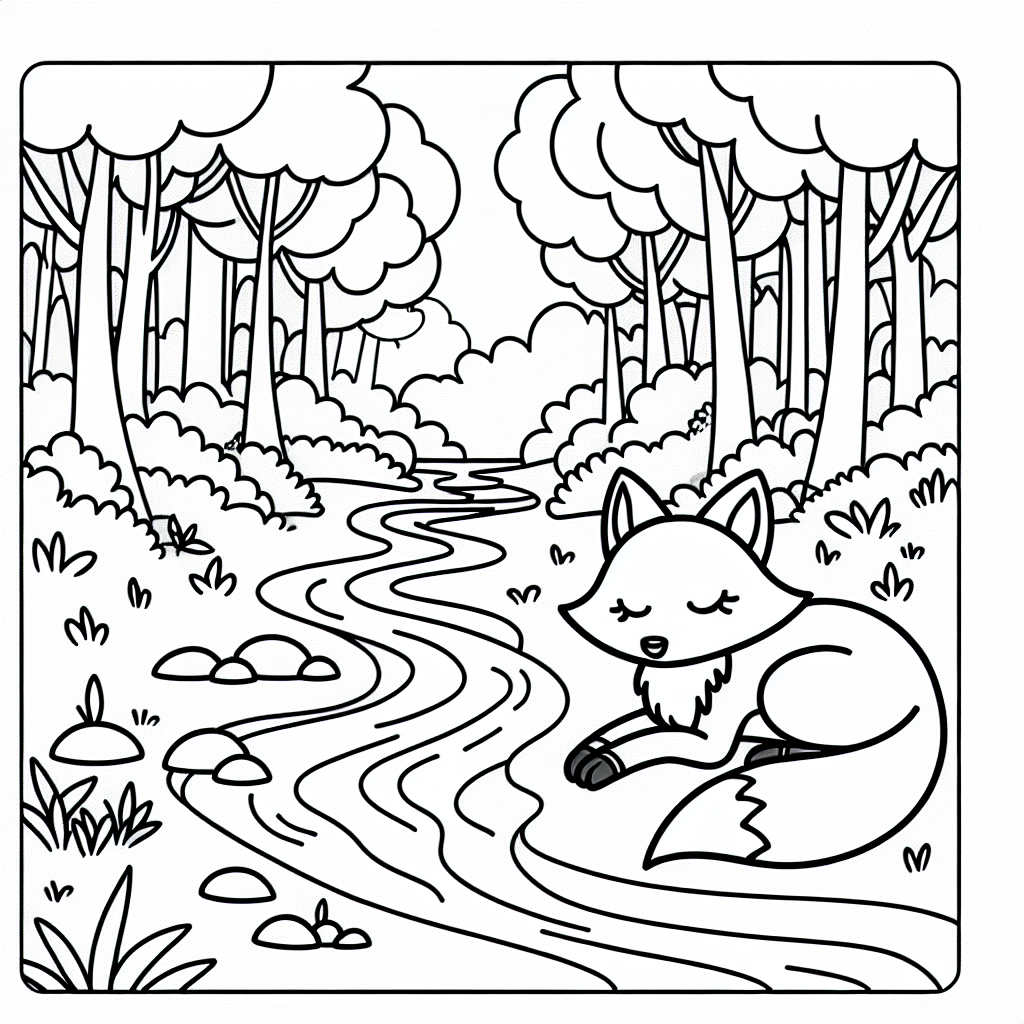 Black and white line drawing of a fox relaxing by a brook in the midst of a forest, ready for coloring