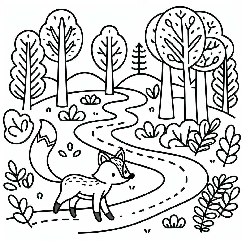 Fox coloring page template on forest path