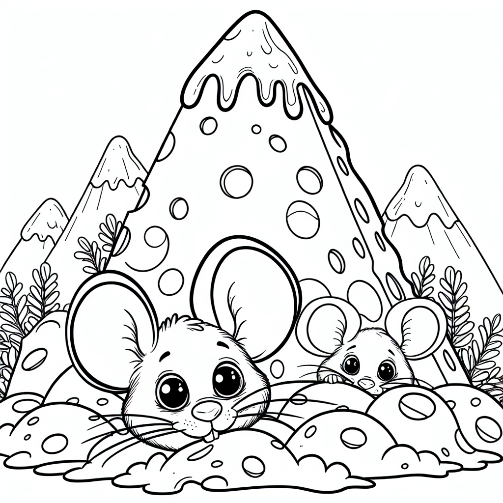 Mouse peeping out from cheese mountain coloring page template