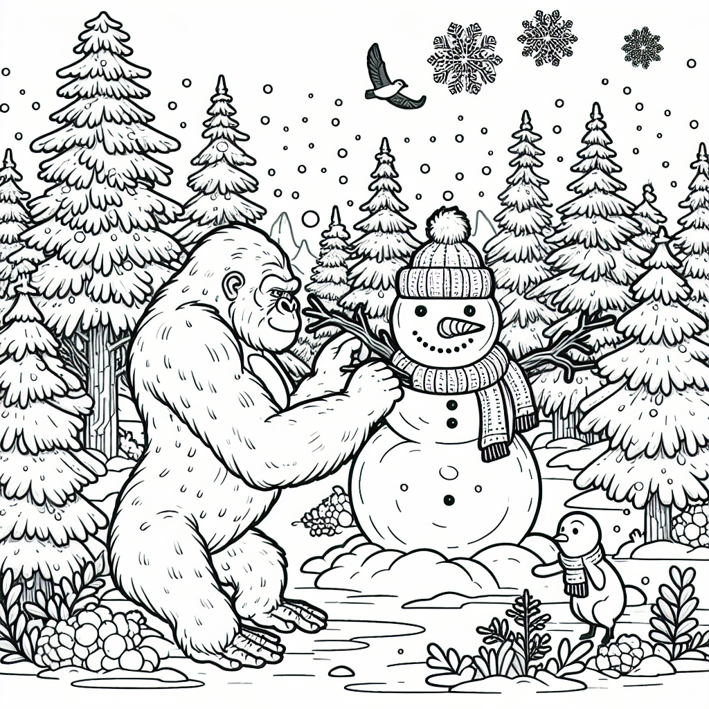 Coloring page of a gorilla building a snowman in a snowy forest