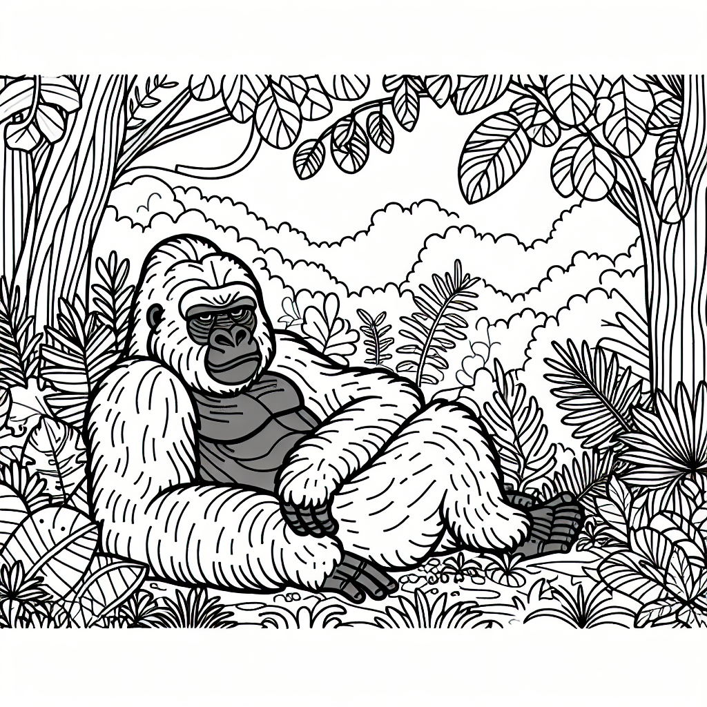 Black and white gorilla coloring page template set in a jungle setting