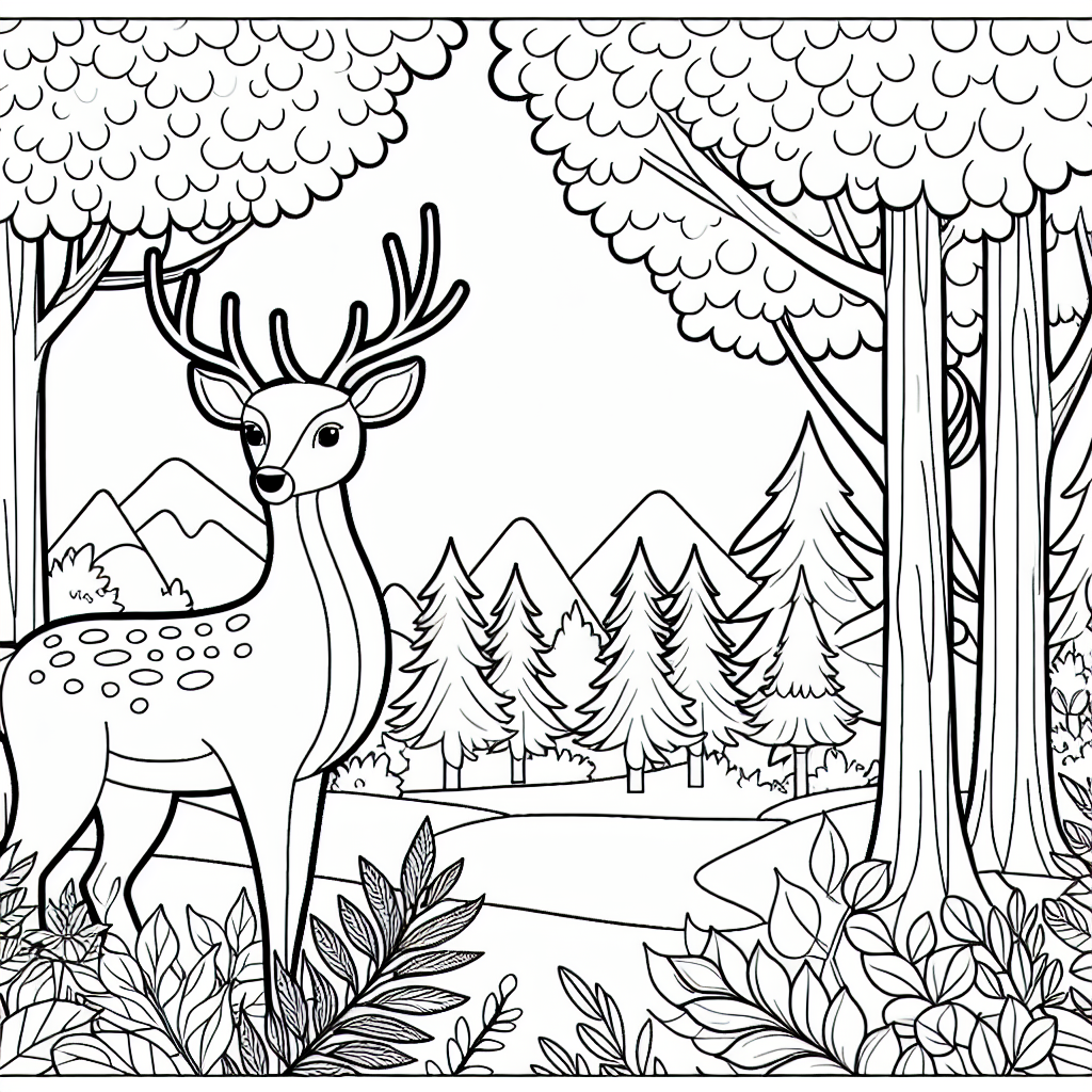 Black and white coloring page featuring a graceful deer in a woodland landscape