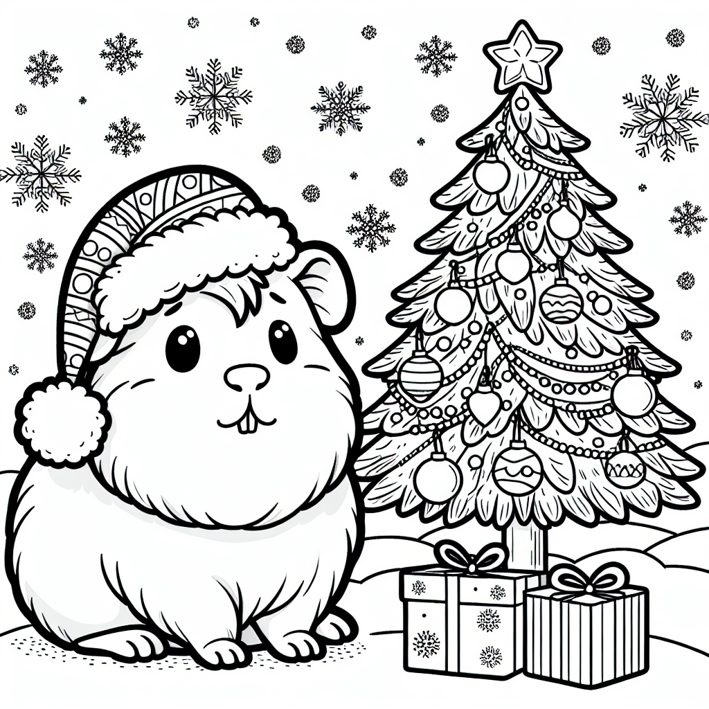 Black and white drawing of a guinea pig wearing a Christmas hat near a decorated Christmas tree with snowflakes falling