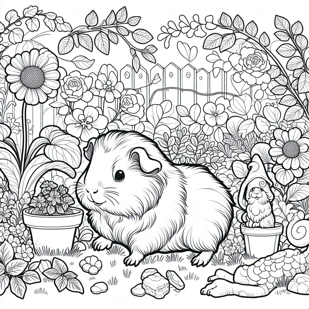 A black and white line drawing of a guinea pig in a garden