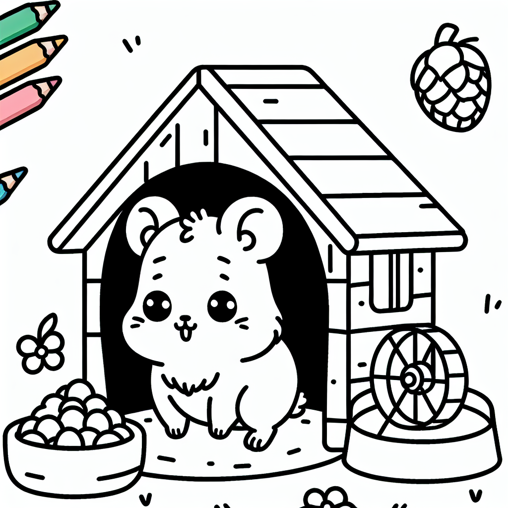 Coloring page template of a hamster inside its home with a wheel, a food bowl, and a tunnel