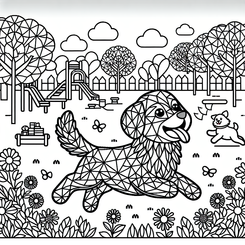 Line drawing of a happy dog playing in a park with trees and playground