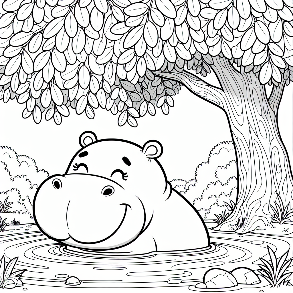 Black and white coloring page of a hippo in a lake