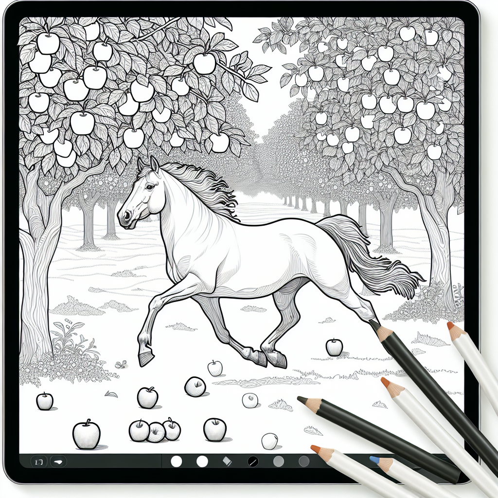 Black and white coloring page of a horse running in an apple orchard