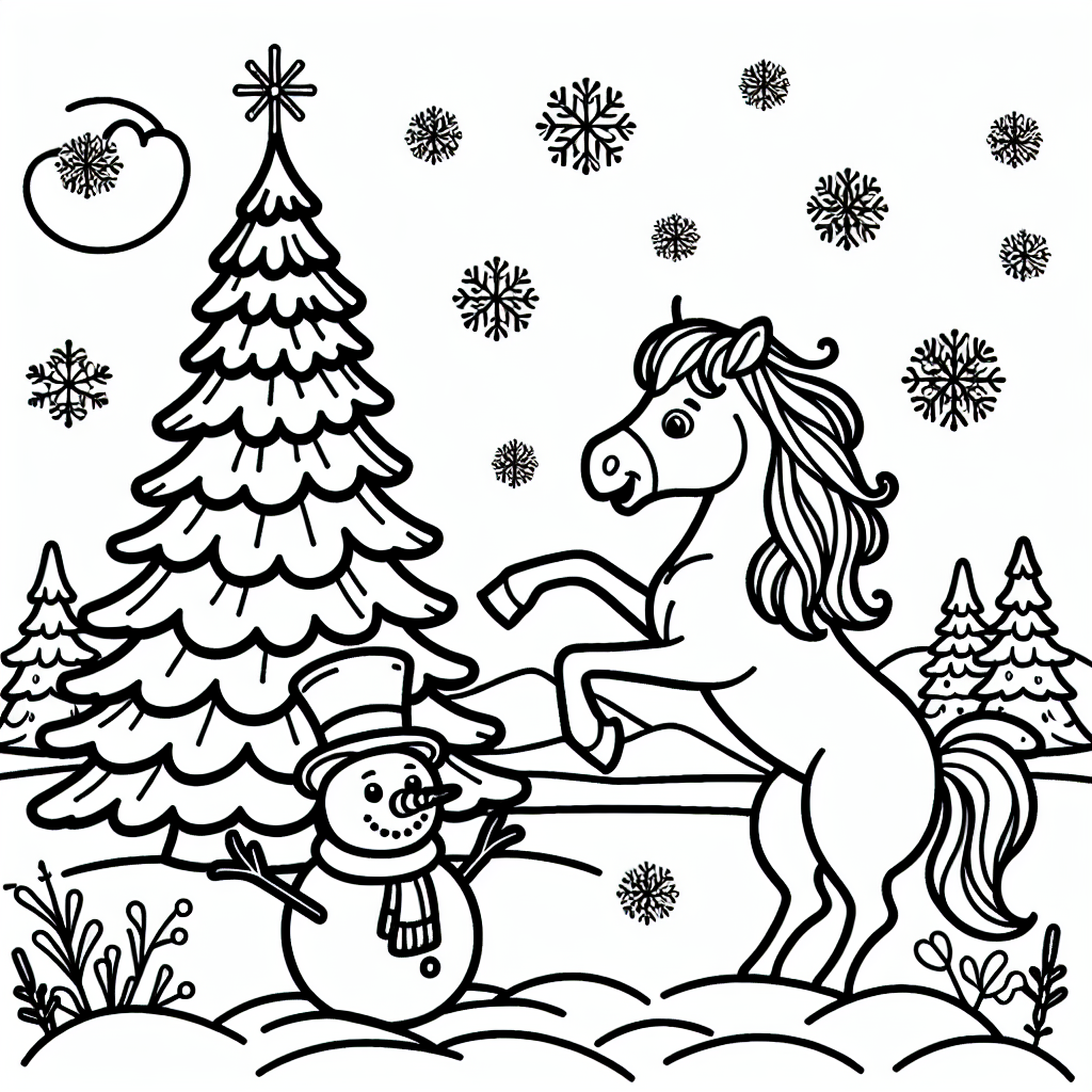 A black and white coloring page of a horse playing with snowman under a towering Christmas tree