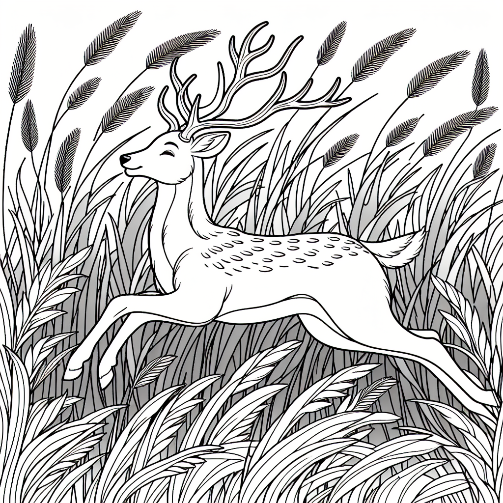 Black and white coloring page template featuring a majestic deer in a field of tall grass