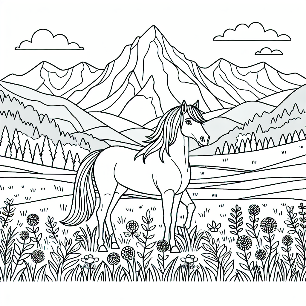Line drawing of a horse standing in a meadow, ready for coloring