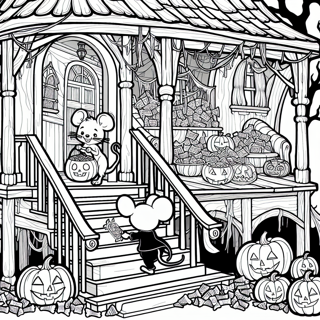 An adventurous mouse trick or treating amidst a spooky haunted house during Halloween