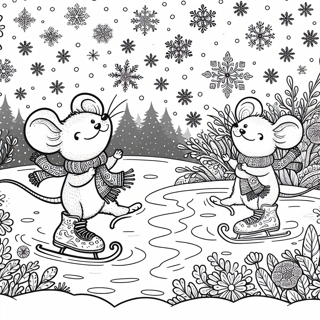 Black and white coloring page template of a mouse ice skating amidst falling snowflakes