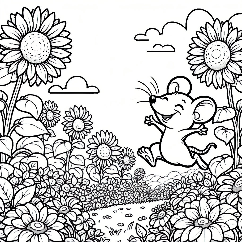 Initial outline of a mouse navigating through a sunflower garden for children coloring page