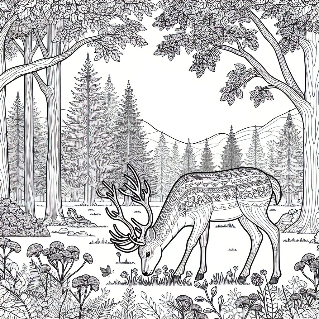 Coloring page template of a deer in a forest