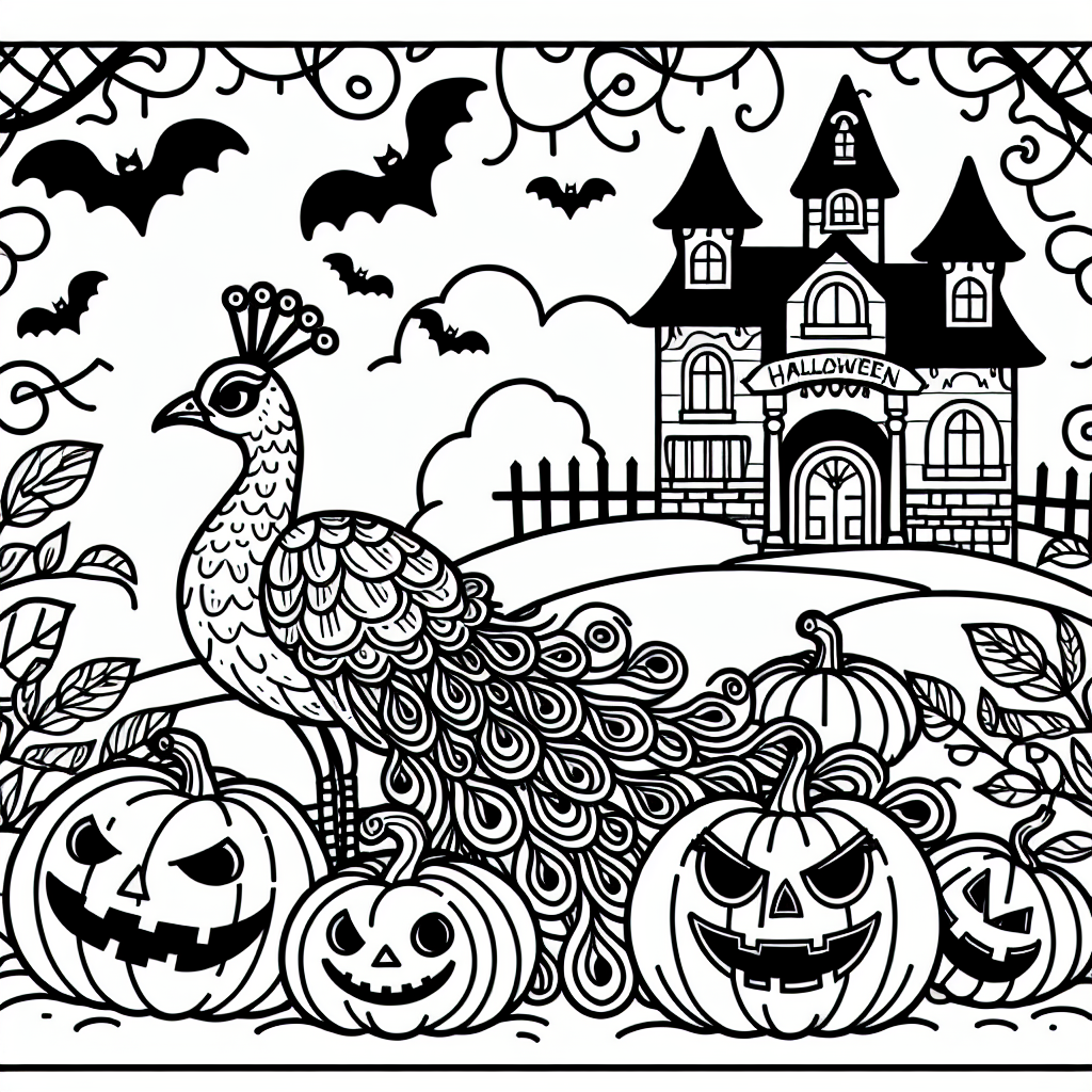 Halloween themed peacock standing proudly amongst pumpkins near haunted house