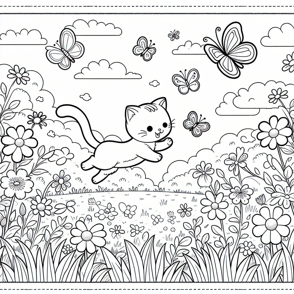 Join the Fun with Our Playful Cat and Butterfly Garden Coloring Page! 1 playful cat butterflies flower garden