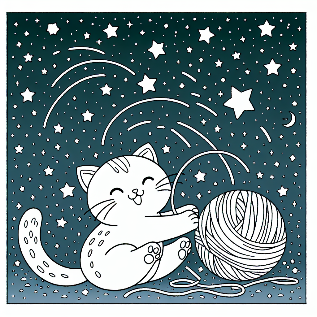 Black and white image of a playful cat having fun with a ball of yarn under a starry sky
