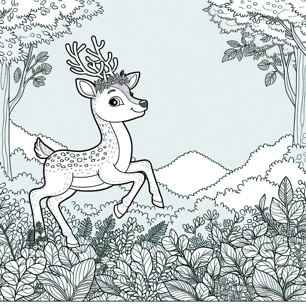 Deer coloring page featuring a cheerful deer in a forest setting