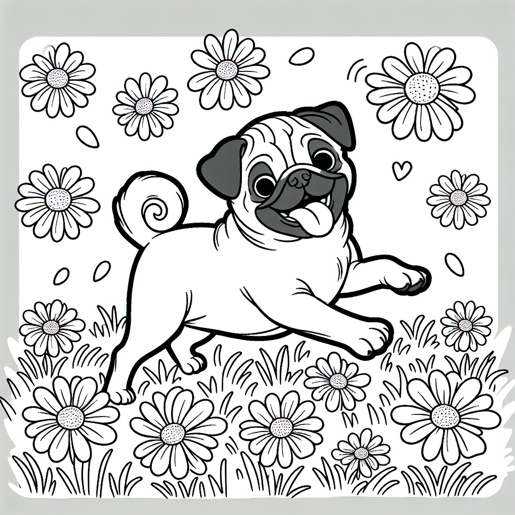 Pug in a field of daisies coloring page