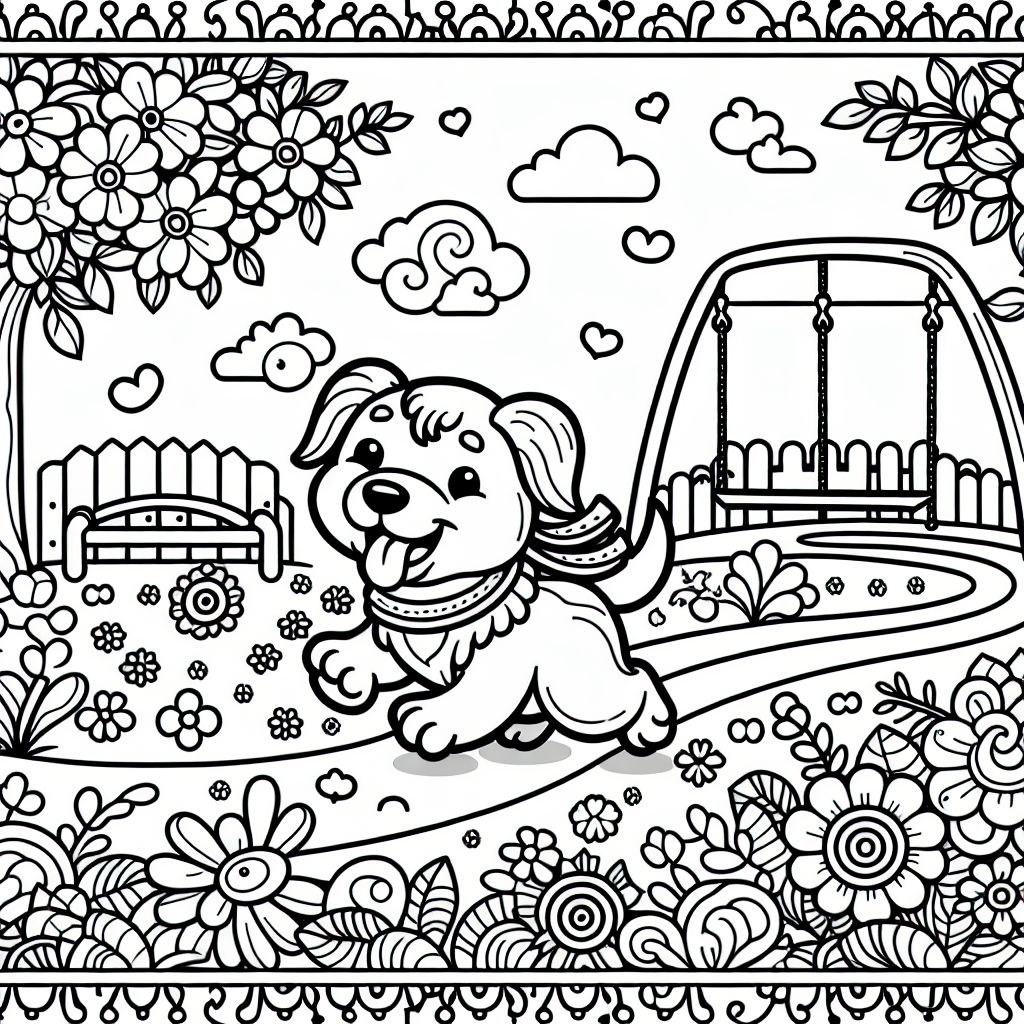 A playful puppy in a park with flowers and a swing set coloring page