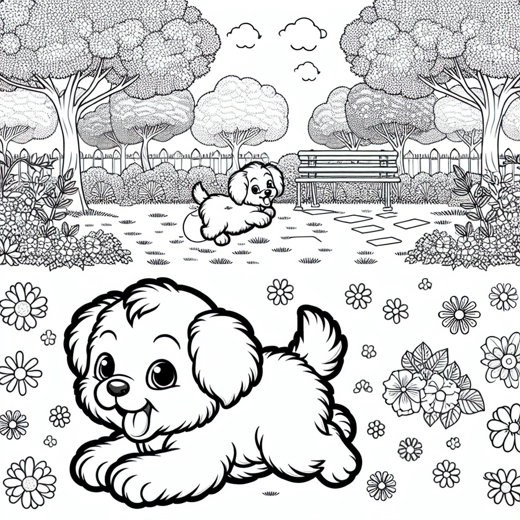 Black and white coloring page template of a playful puppy in a park
