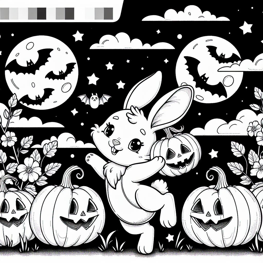 Rabbit 5 A ready-to-color image of a rabbit among Halloween elements like pumpkins, bats and moon