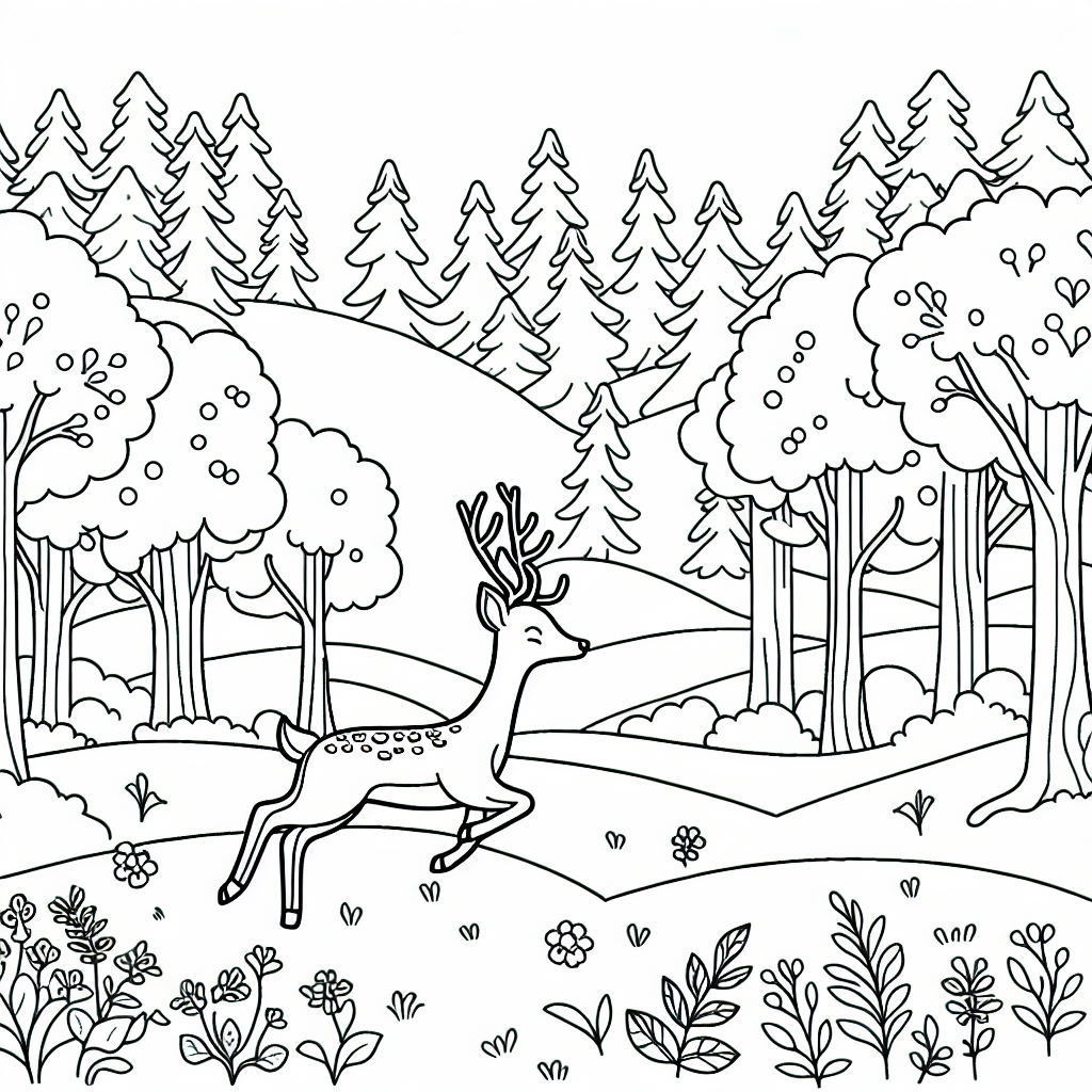 Black and white coloring page of a deer in the forest