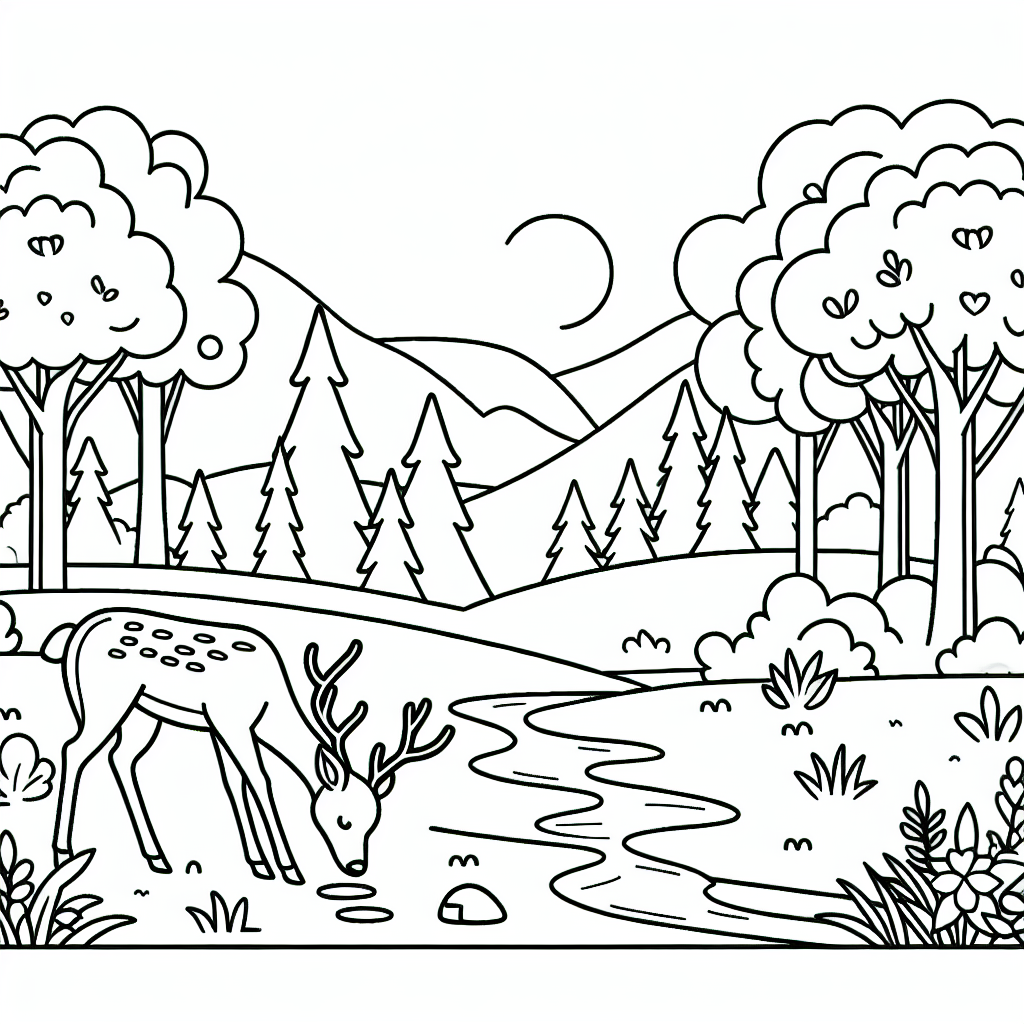 Black and white coloring page of a deer in a serene woodland setting